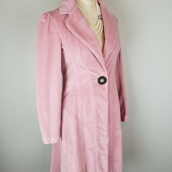 Vintage 1990's Bisou Bisou Pink Velvet Fitted Collared Puff Sleeve Long Coat * M - Picture 12 of 13